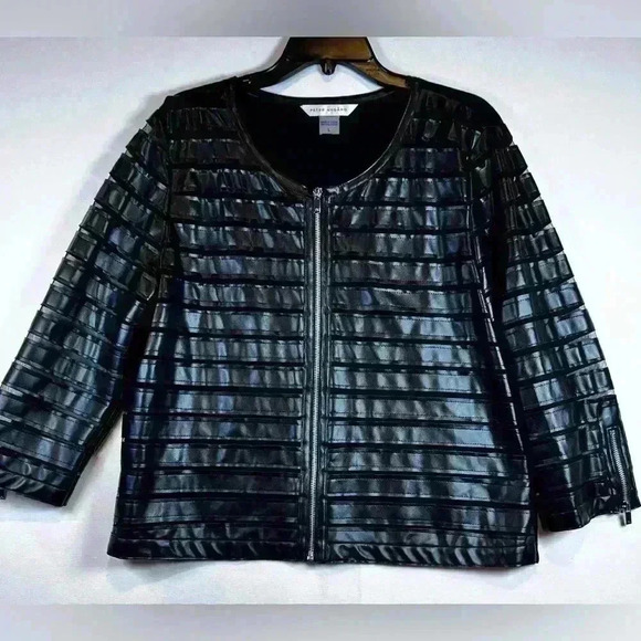 Peter Nygard faux leather w/ mesh inlay full zip jacket size Large black stretch - Picture 1 of 9